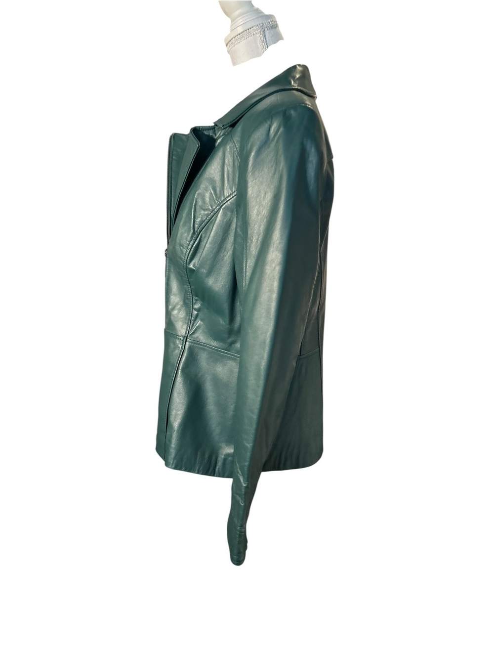 Women's Teal Leather Zip-Front Jacket - Sleek Fitted Style - Picture 4 of 9
